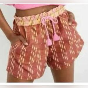 Aerie XL Jacquard Paper bag High Waist Yellow Shock Brown Tassel Front Shorts